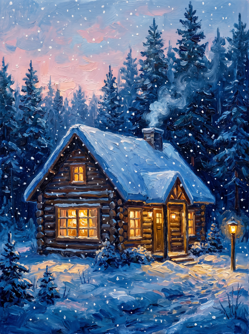 Snowy Pine Forest Cabin Dusk
