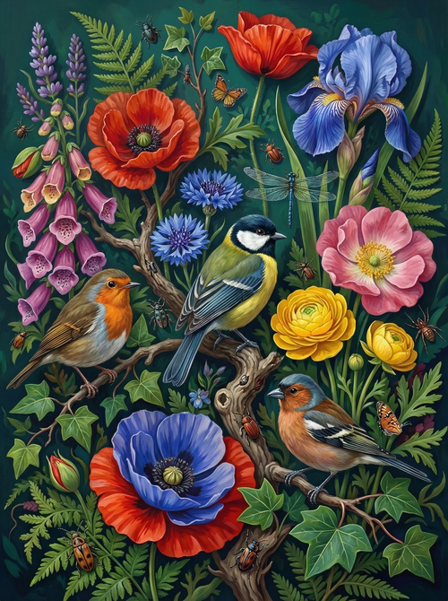 Songbirds Foxglove Iris Garden (100 Color Diamond Painting)