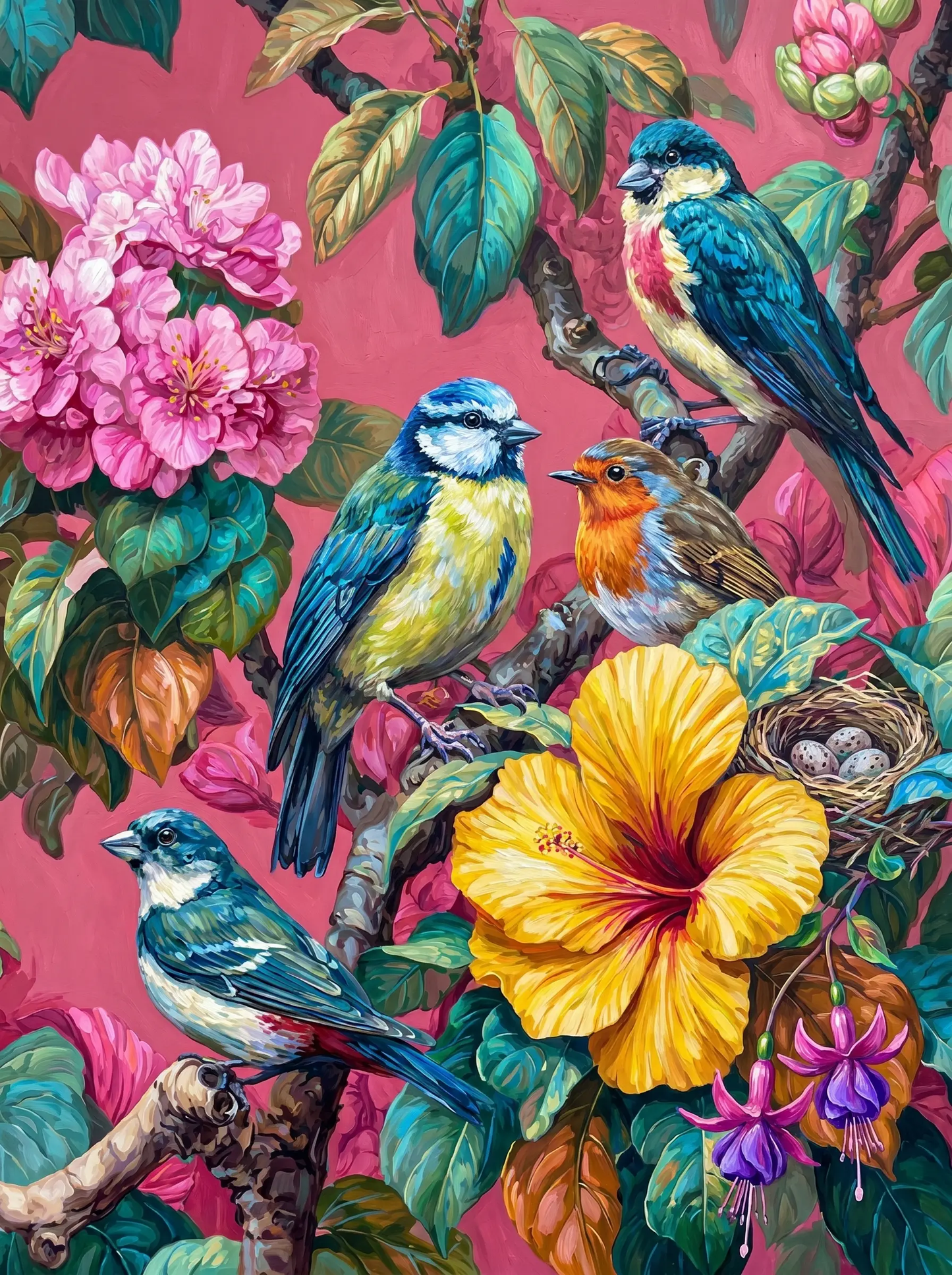 Songbirds Hibiscus Pink Nest (Diamond Painting)