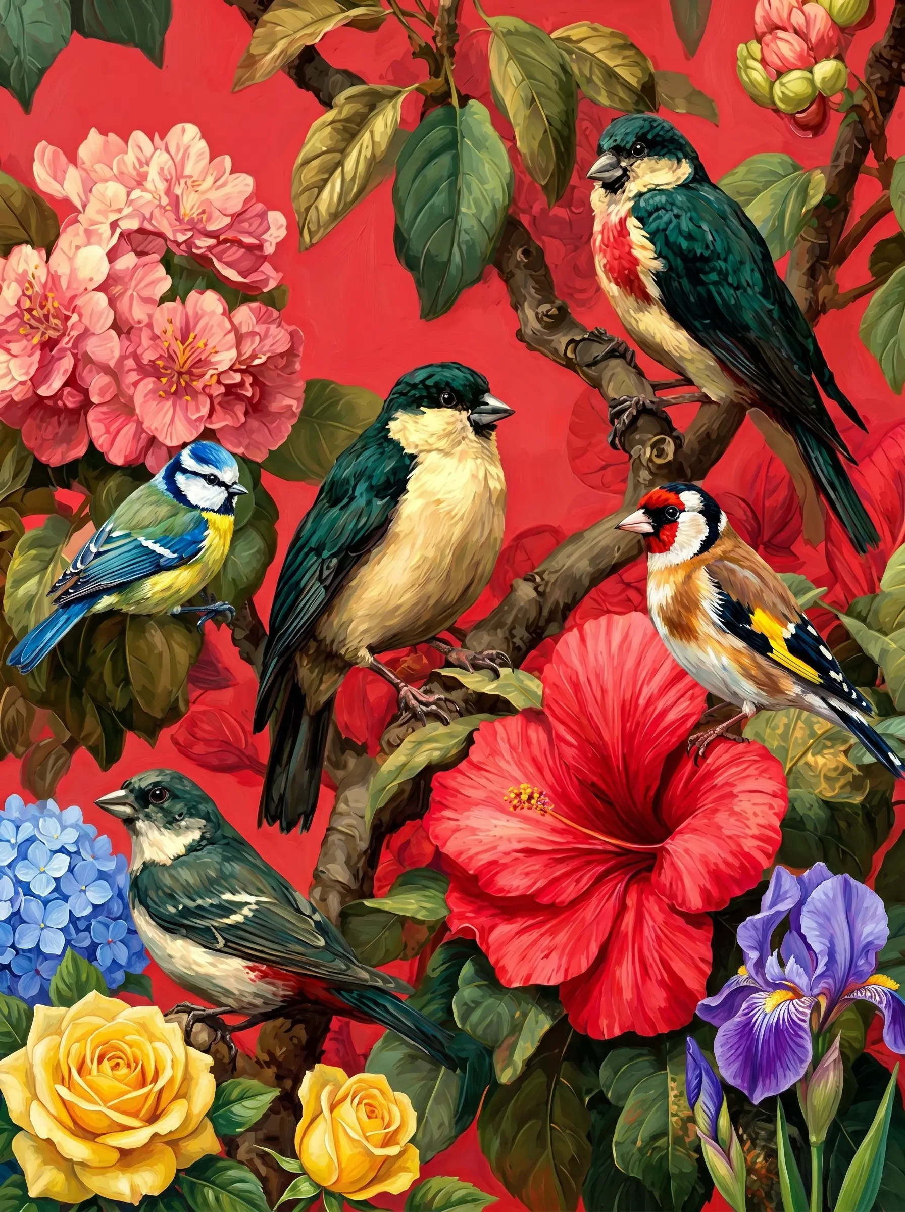 Songbirds Hibiscus Red Backdrop (Diamond Painting) Diamond Painting kit