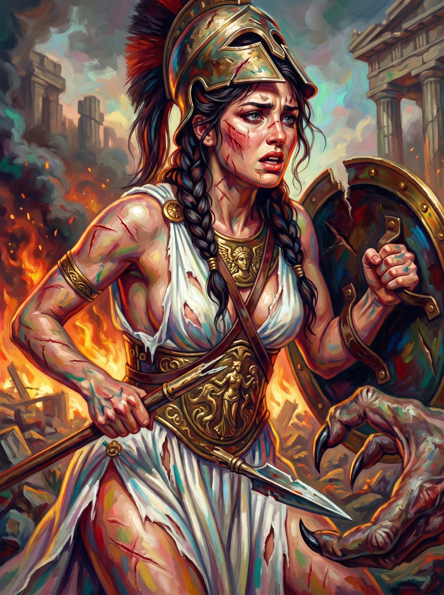 Spartan Woman Fighting Monster Flames (150 Color Diamond Painting)