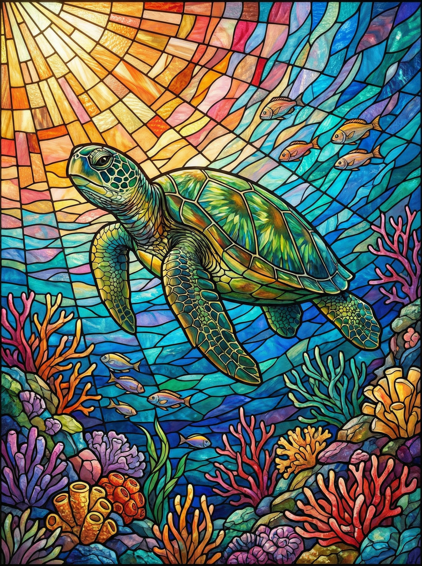 Stained Glass Coral Turtle (Diamond Painting)