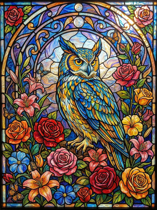 Stained Glass Owl Roses (Diamond Painting)