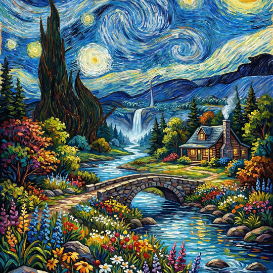 Starry Night Village Landscape