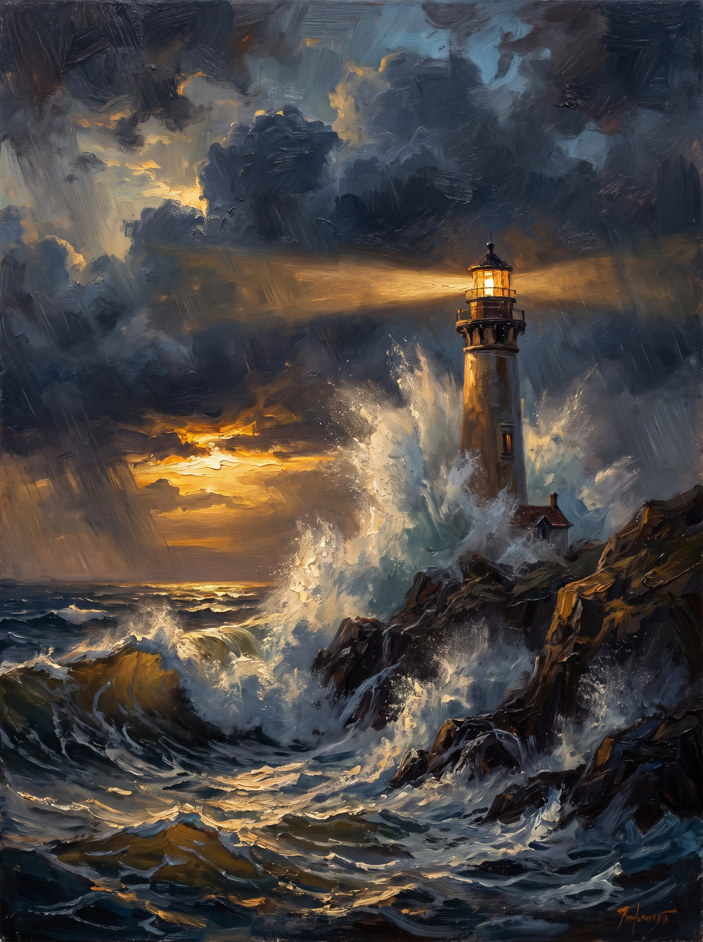 Stormy Sea Lighthouse Crashing Waves