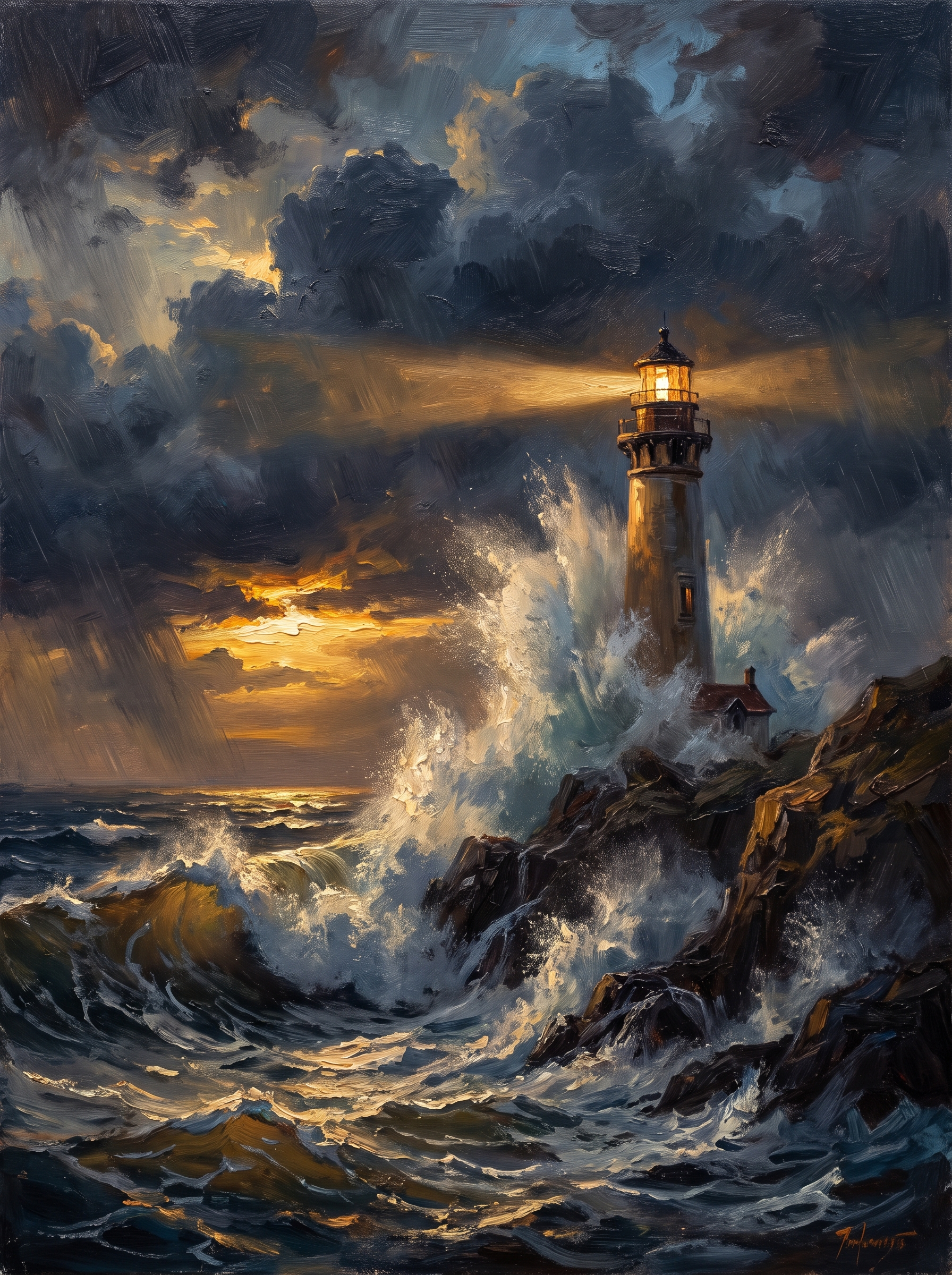 Stormy Sea Lighthouse Crashing Waves