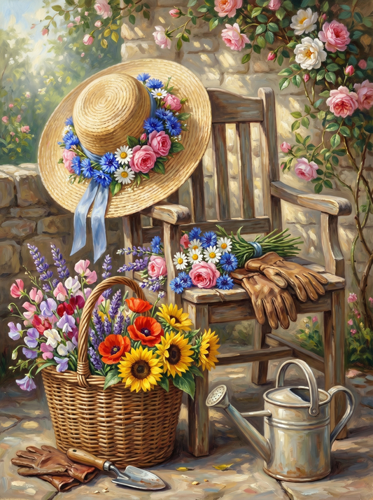 Straw Hat Flowers Garden (Diamond Painting)