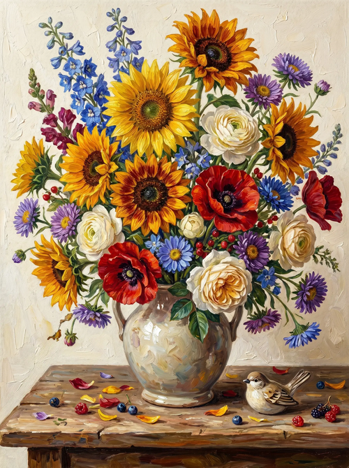 Sunflower Bouquet Vase Bird (Diamond Painting)