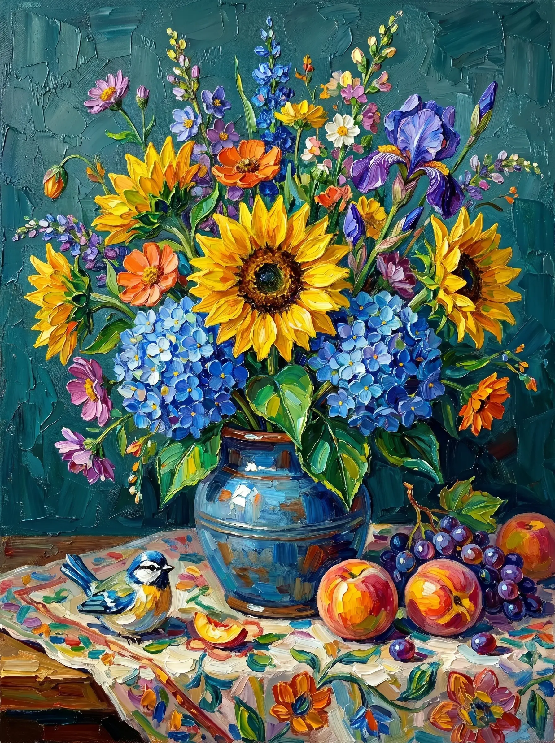Sunflower Hydrangea Blue Jug Peaches (Diamond Painting)