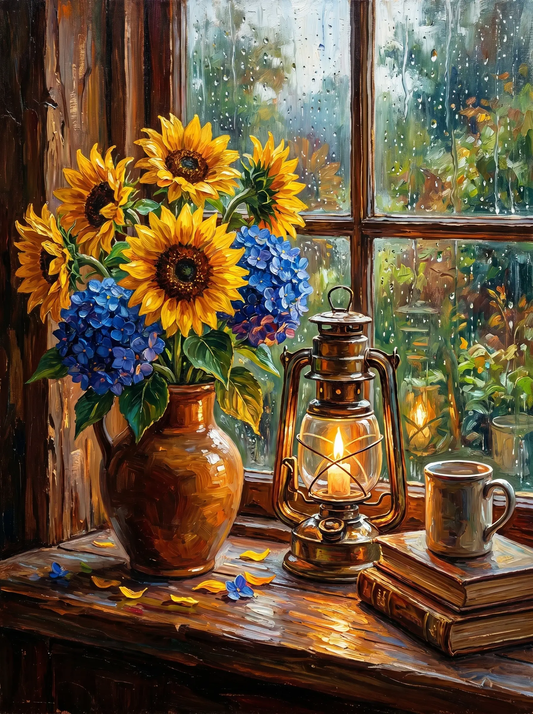Sunflower Hydrangea Windowsill Lantern (Diamond Painting)
