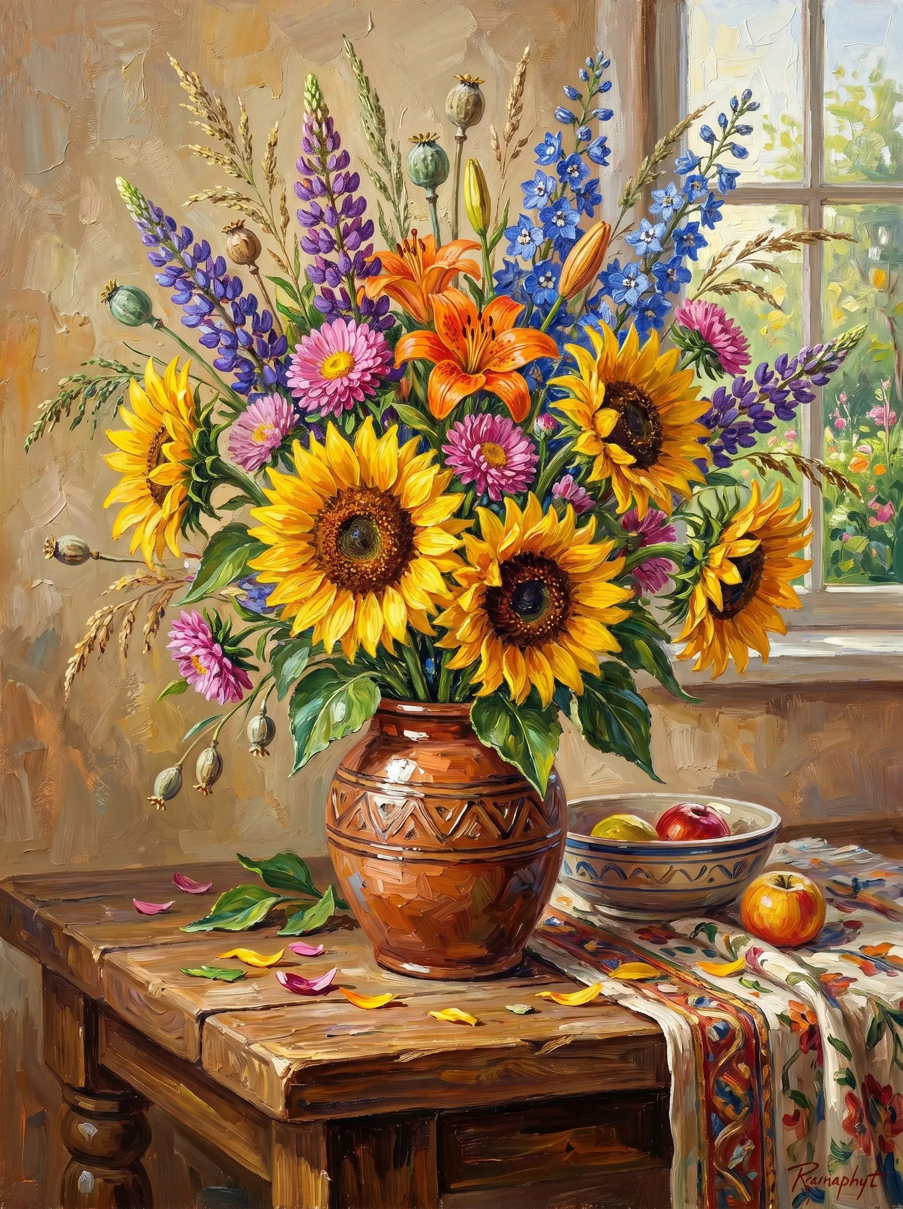 Sunflower Lupine Brown Jug (Diamond Painting)