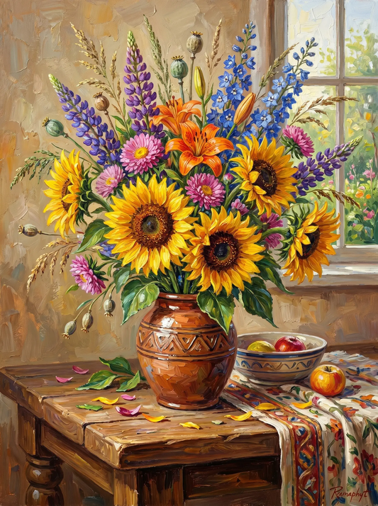 Sunflower Lupine Brown Jug (Diamond Painting)