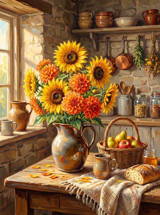 Sunflowers Dahlias Pitcher (Diamond Painting)