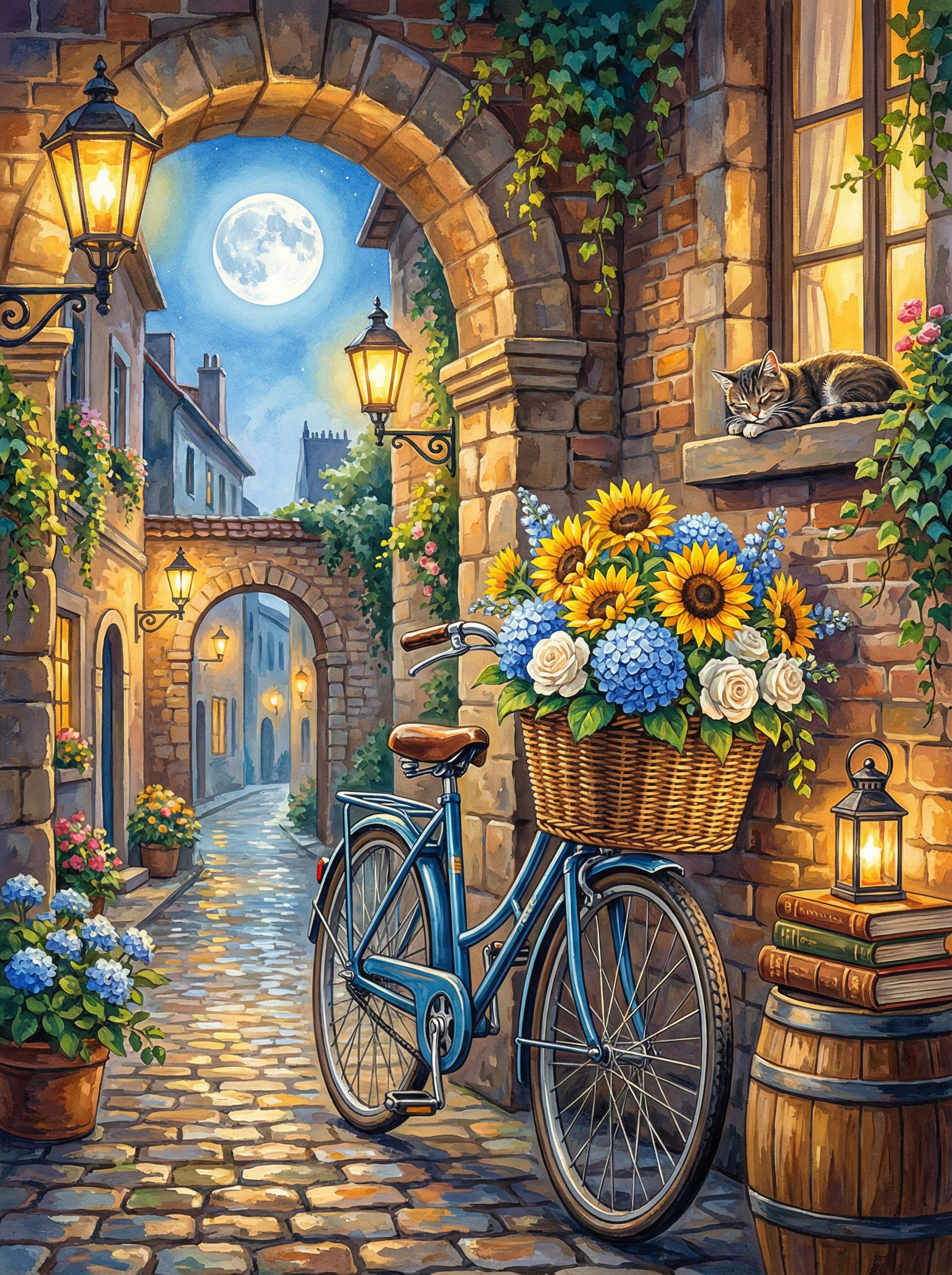 Moonlit Bicycle Alley (Diamond Painting) Diamond Painting kit