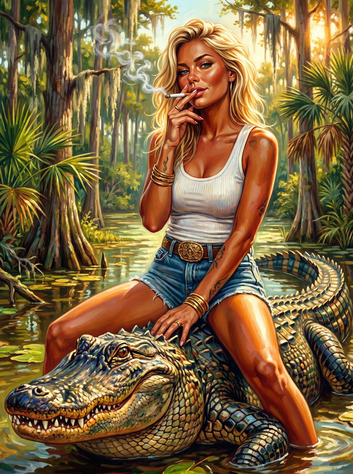 Swamp Pinup Alligator Rider (150 Color Diamond Painting)