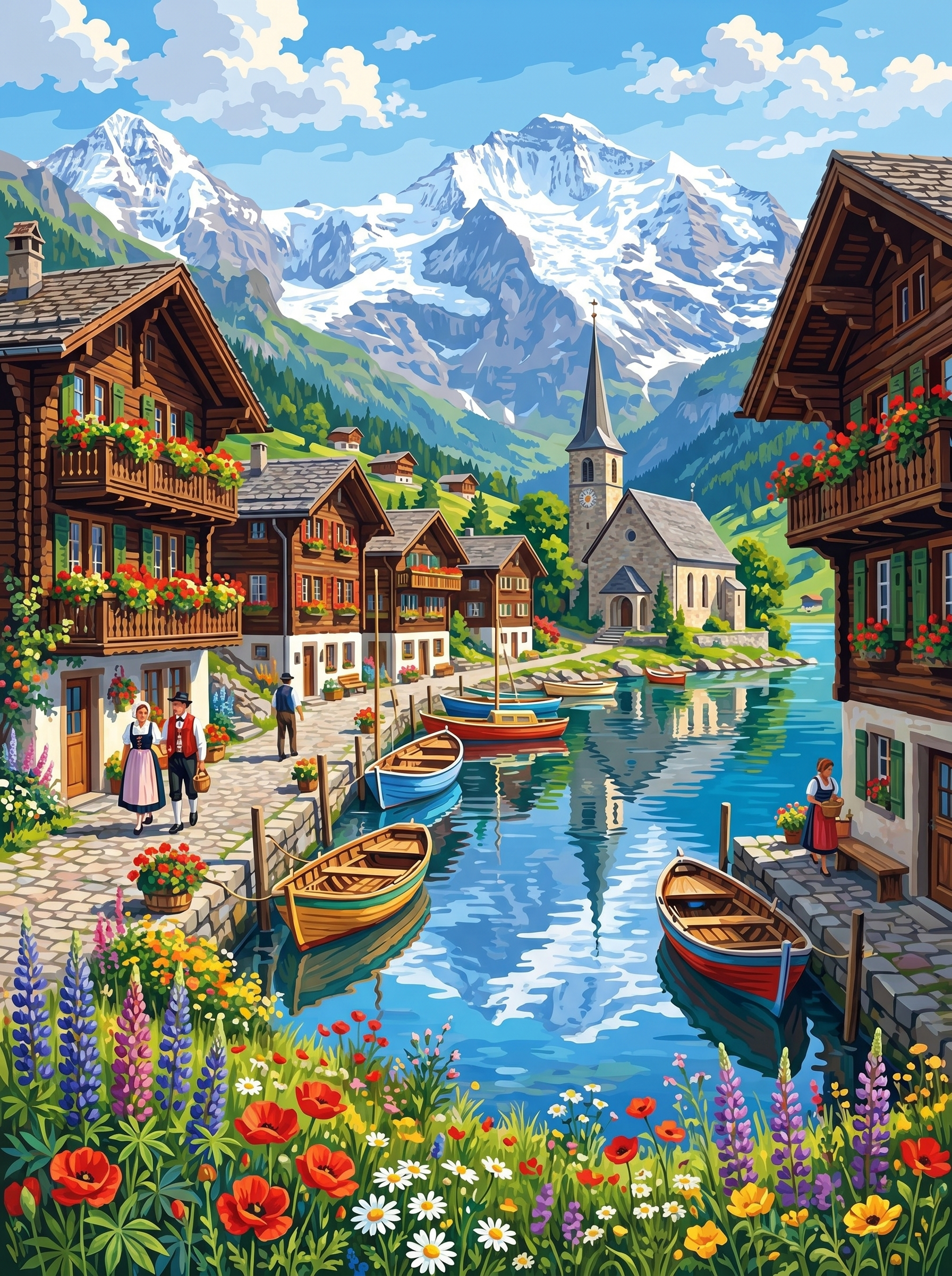 Swiss Alpine Village Lake Day (150 Color Diamond Painting)