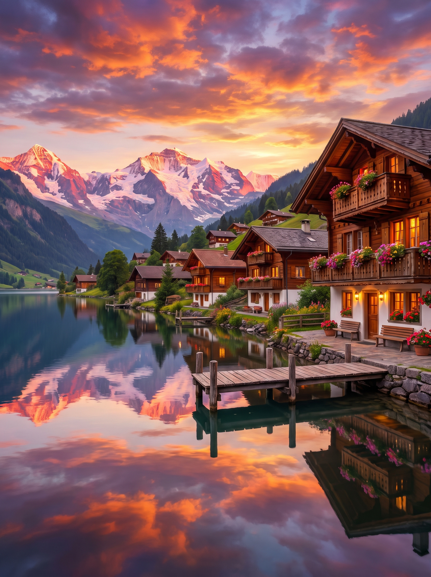Swiss Alpine Village Lake Sunset