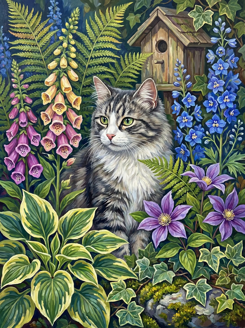 Tabby Cat Foxglove Birdhouse Garden (Diamond Painting)