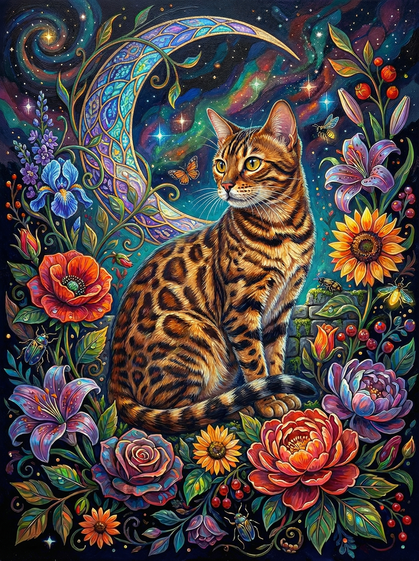 Bengal Cat Moonlit Flowers (100 Color Diamond Painting)