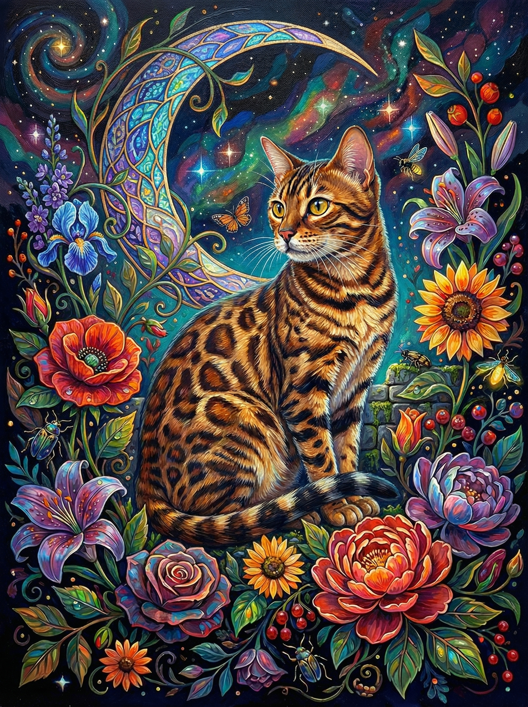 Bengal Cat Moonlit Flowers (100 Color Diamond Painting)