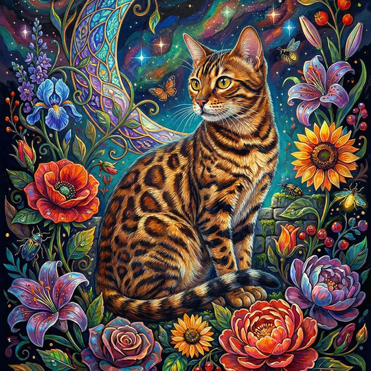 Bengal Cat Moonlit Flowers