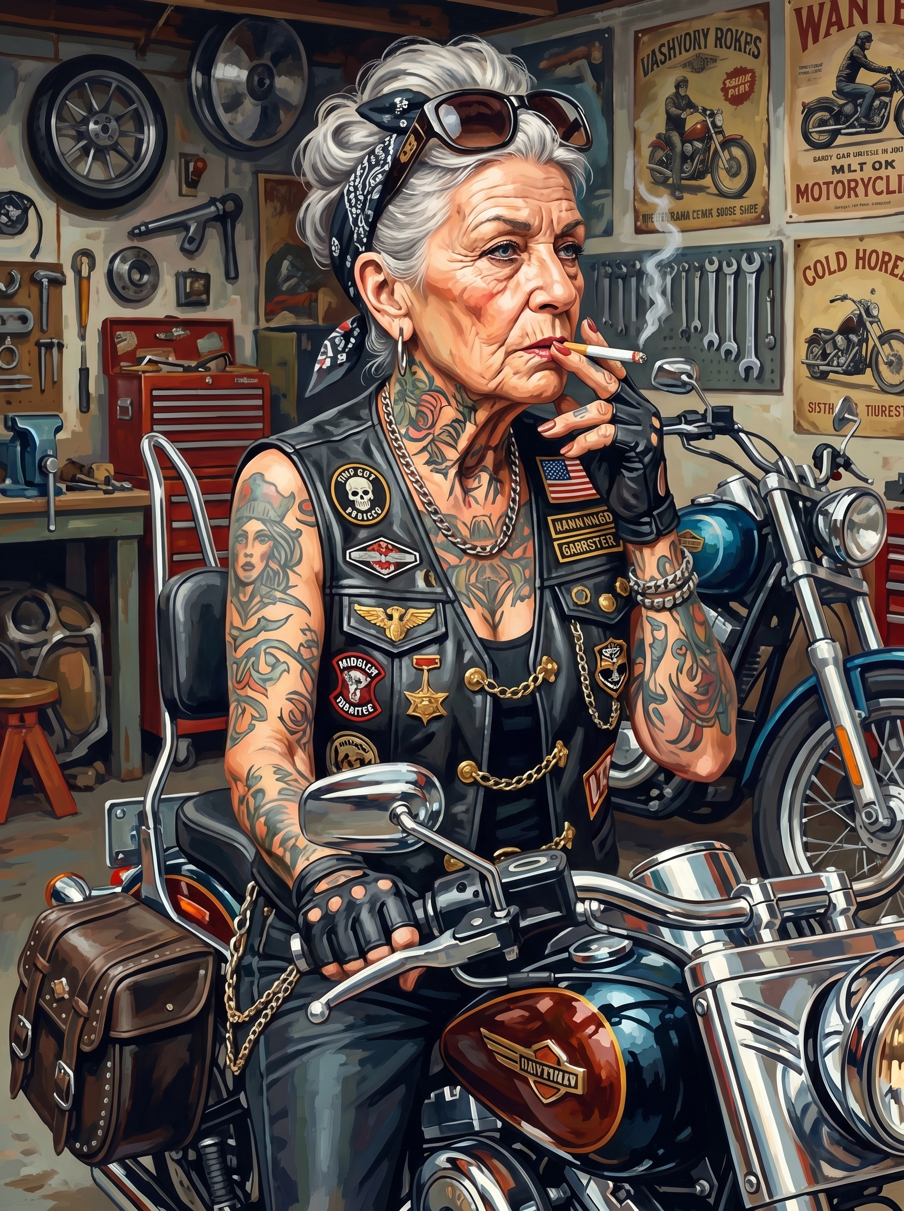 Tattooed Biker Granny Garage (150 Color Diamond Painting)