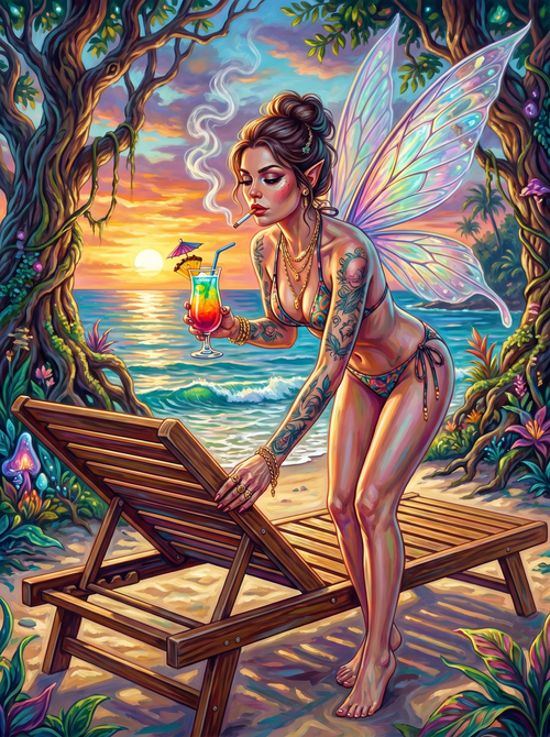 Tattooed Fairy Beach Sunset Cocktail (150 Color Diamond Painting)