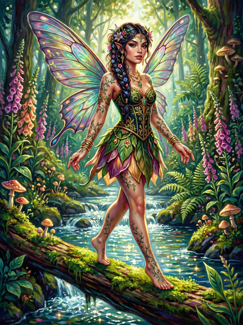Tattooed Fairy Forest Stream (150 Color Diamond Painting)