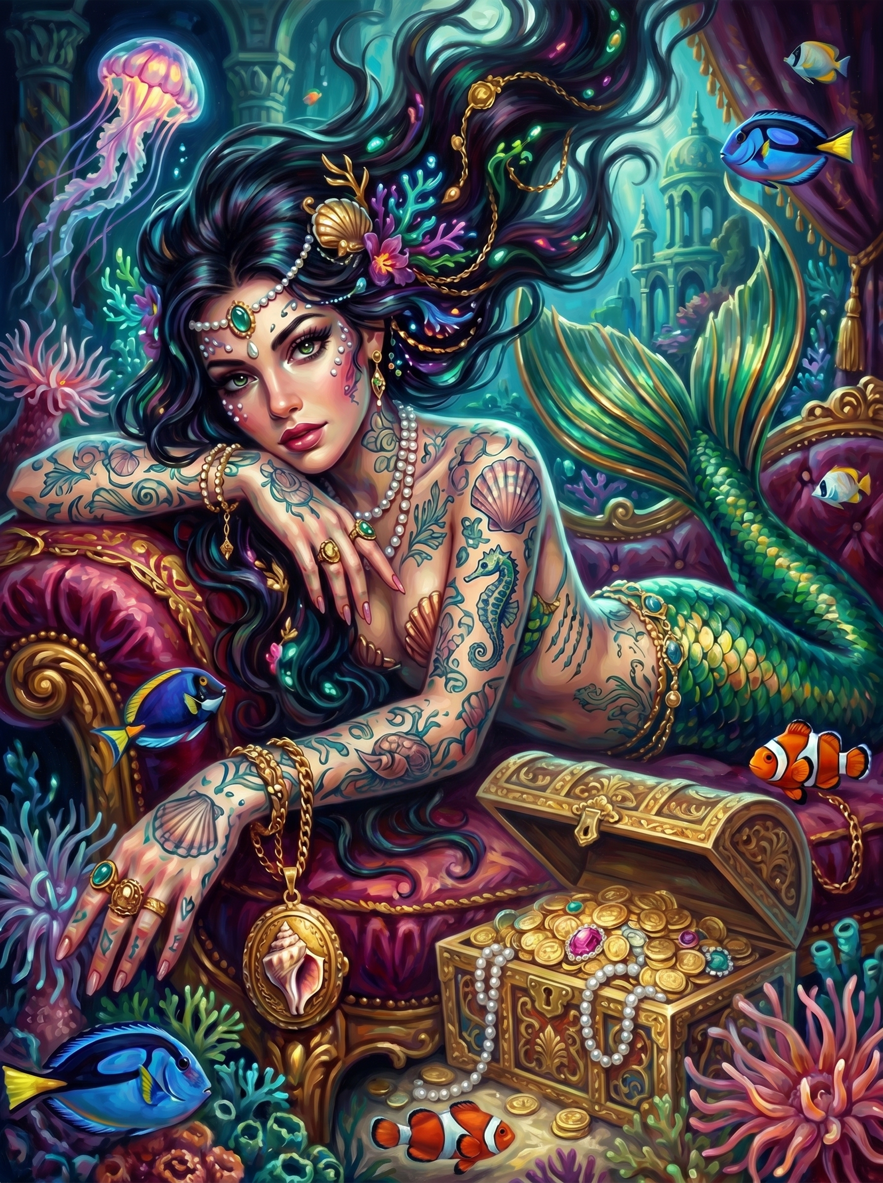 Tattooed Mermaid Treasure Chest (150 Color Diamond Painting)