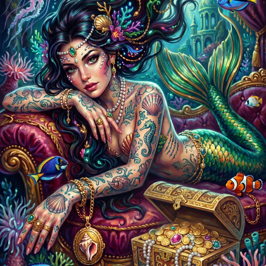 Tattooed Mermaid Treasure Chest (150 Color Diamond Painting)