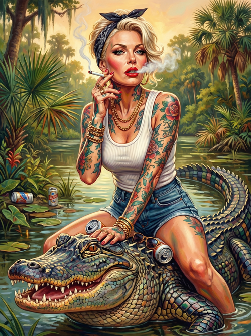Tattooed Pinup Gator Bayou (150 Color Diamond Painting)