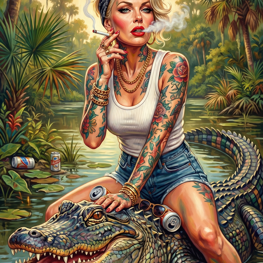Tattooed Pinup Gator Bayou (150 Color Diamond Painting)