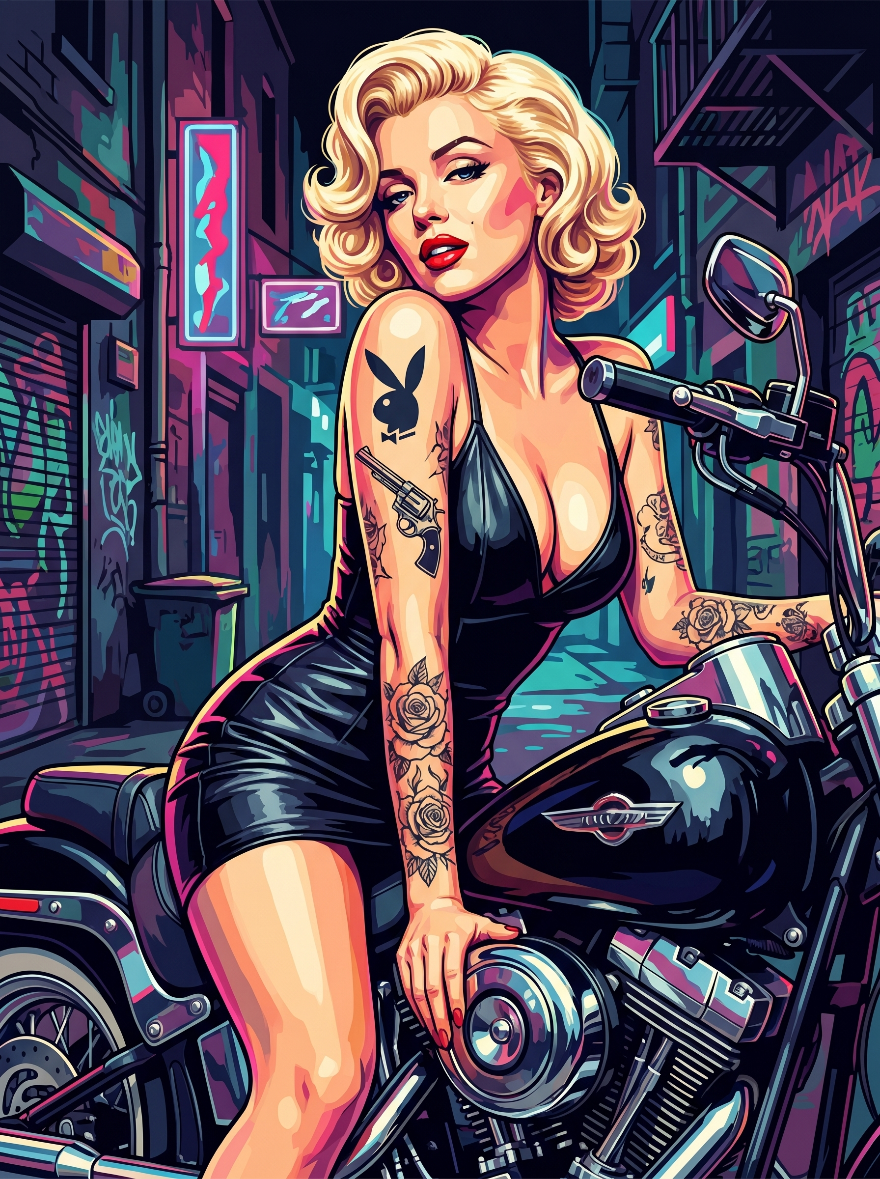 Tattooed Pinup Motorcycle Alley (150 Color Diamond Painting)