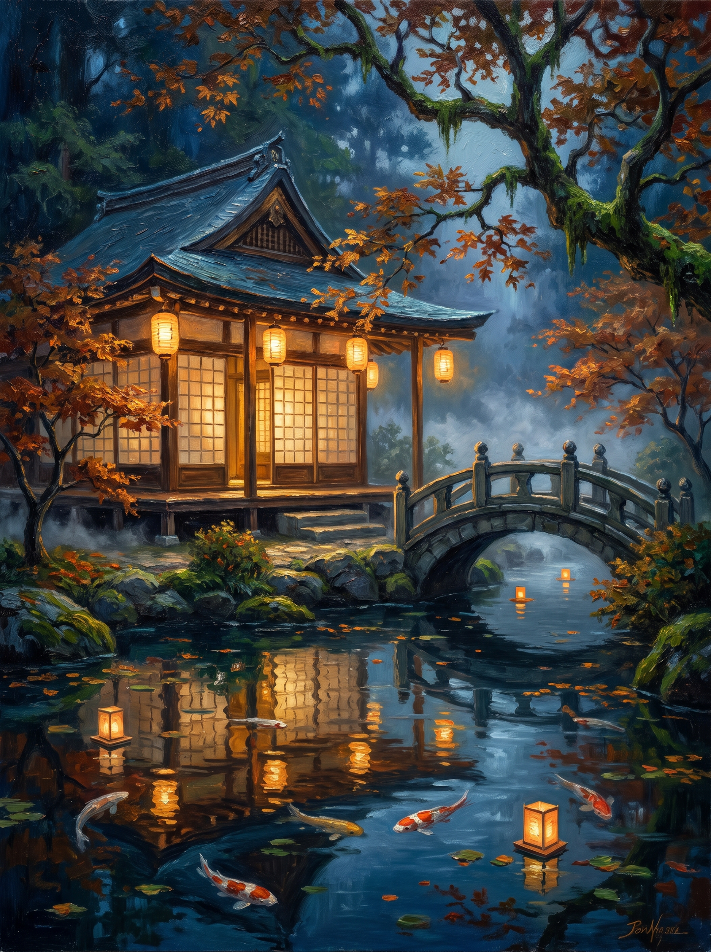 Teahouse Koi Pond Lanterns Night