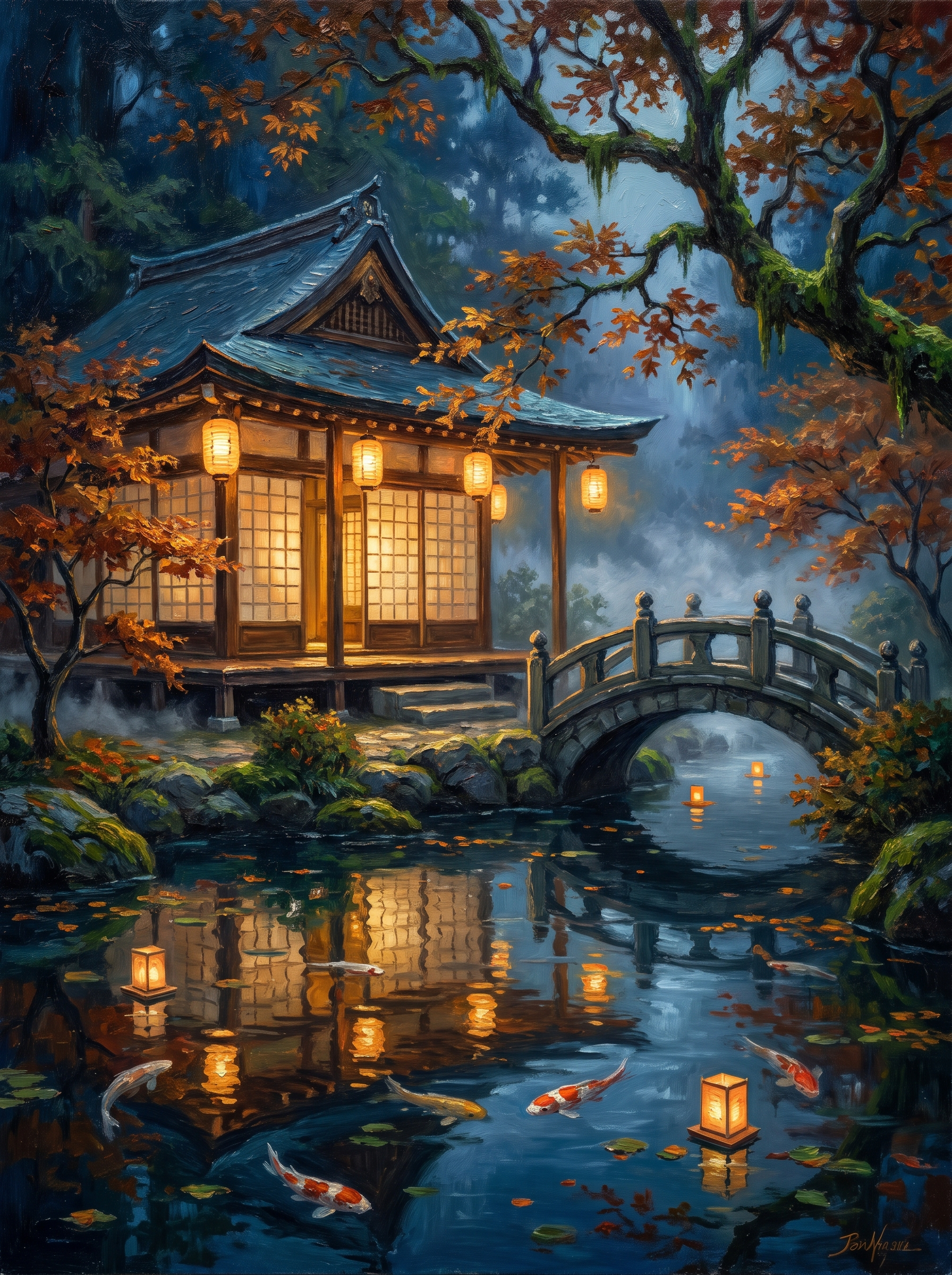 Teahouse Koi Pond Lanterns Night