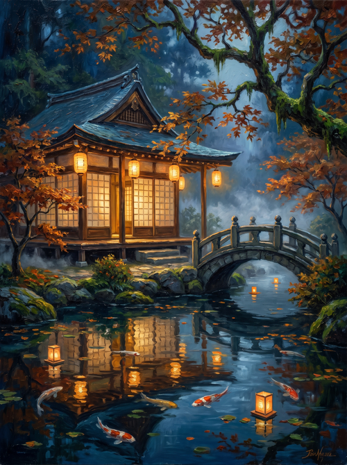 Teahouse Koi Pond Lanterns Night