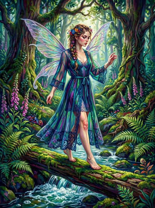 Teal Gown Fairy Mossy Log (150 Color Diamond Painting)