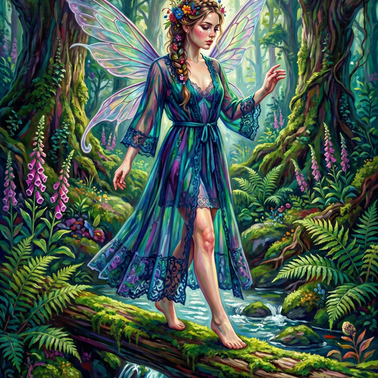 Teal Gown Fairy Mossy Log (150 Color Diamond Painting)