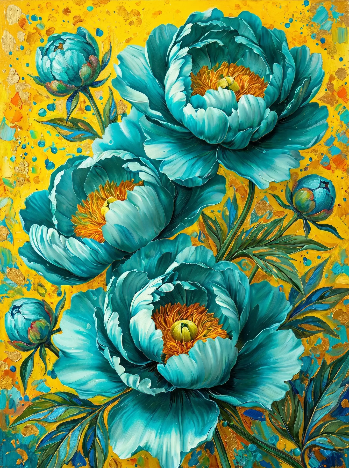 Teal Peony Yellow Background (Diamond Painting)