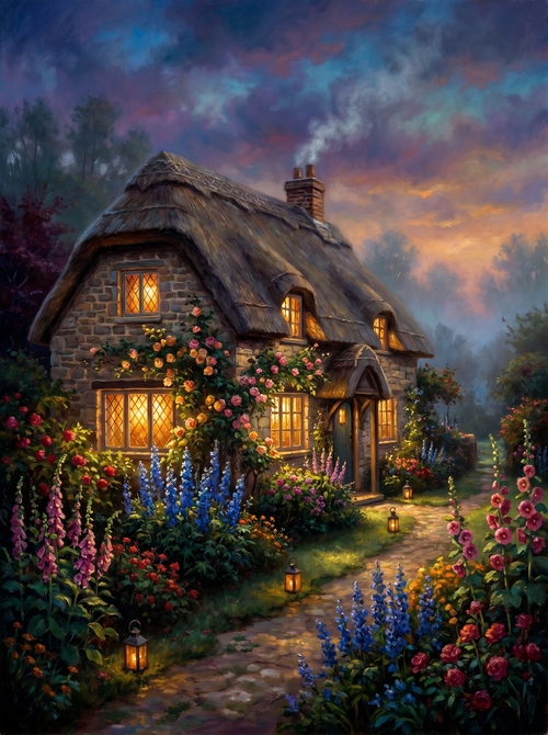 Thatched Cottage English Garden Dusk