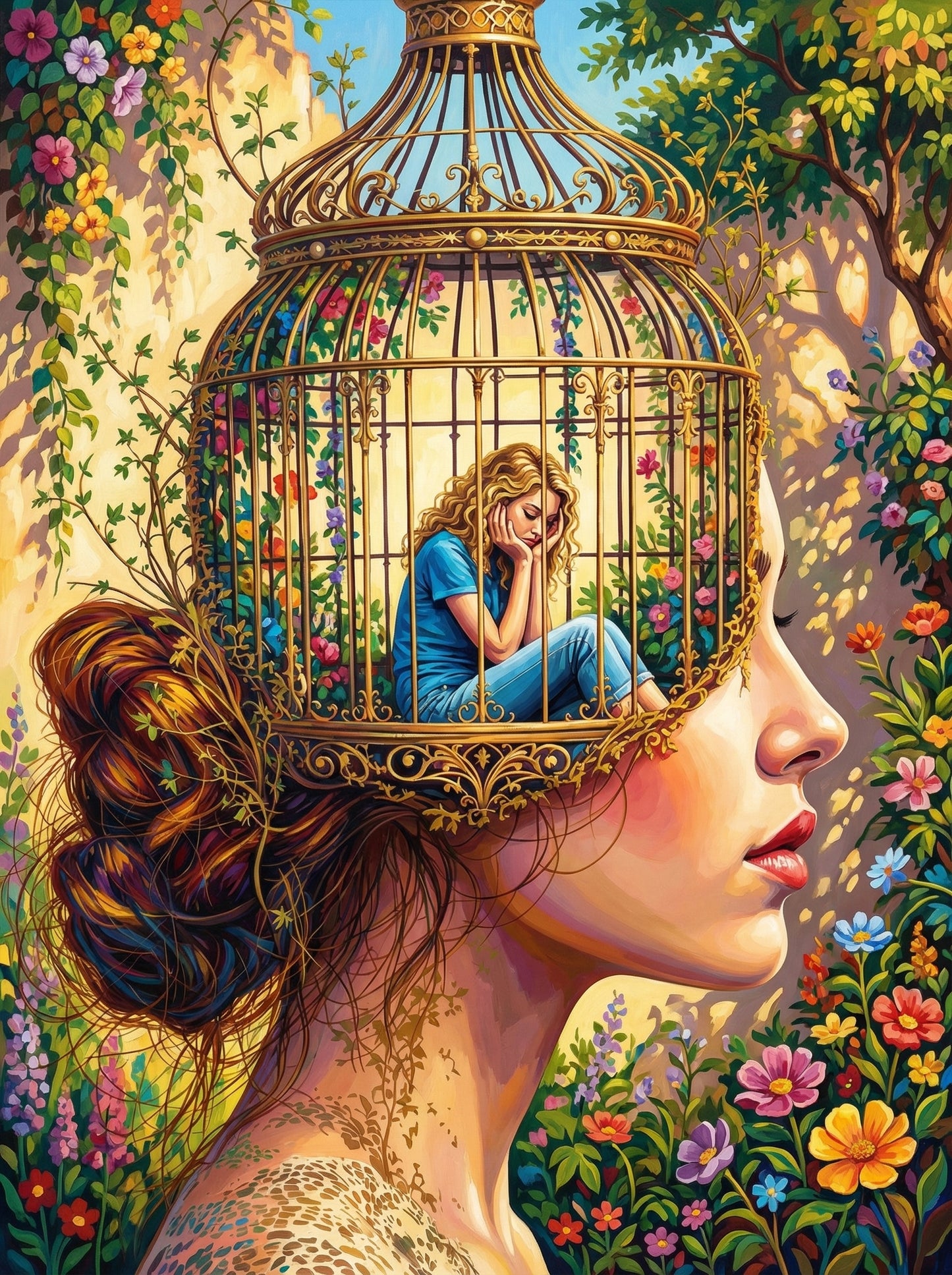 Thoughts In Golden Cage (100 Color Diamond Painting) Diamond Painting kit