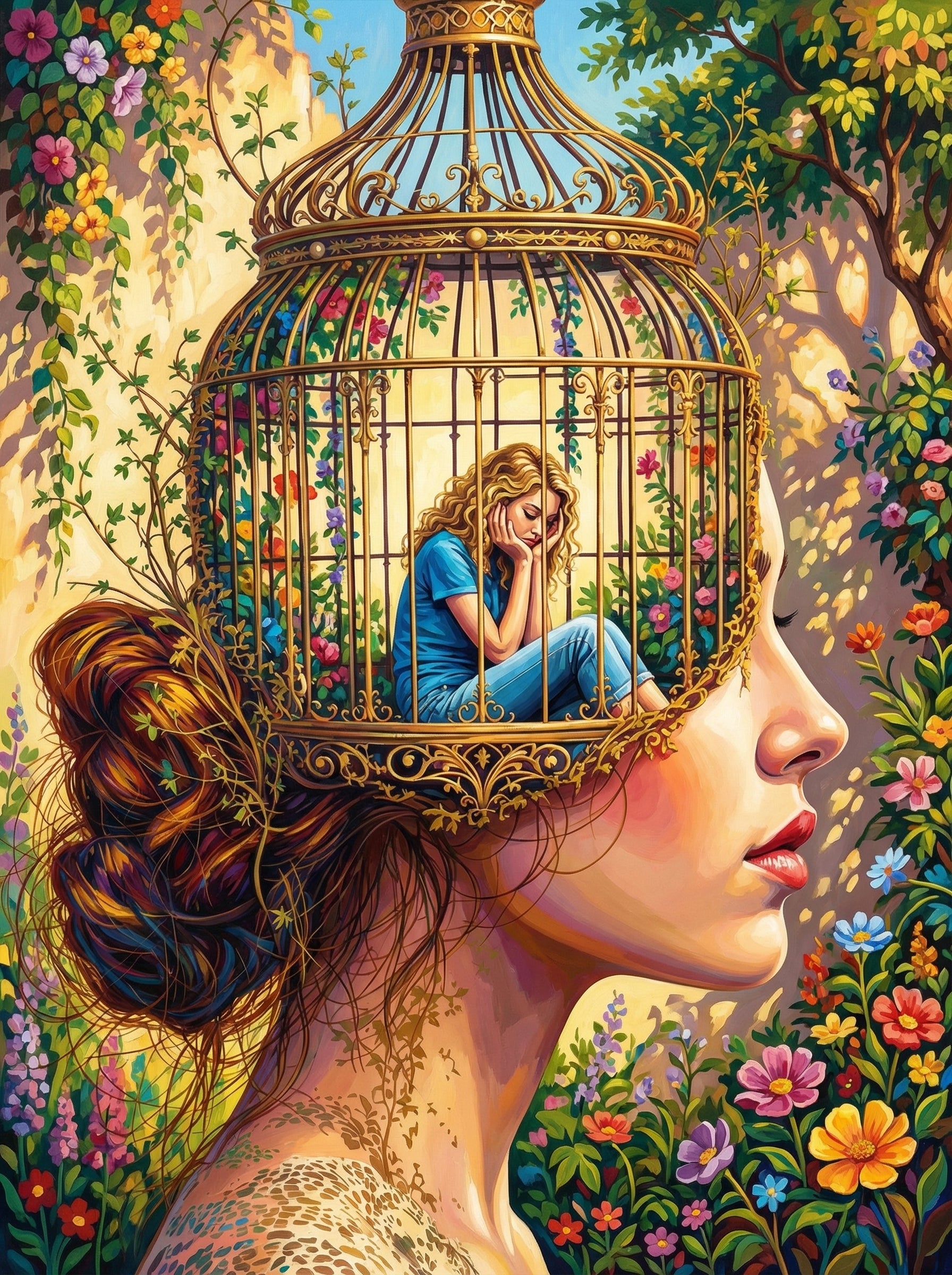 Thoughts In Golden Cage (100 Color Diamond Painting) Diamond Painting kit