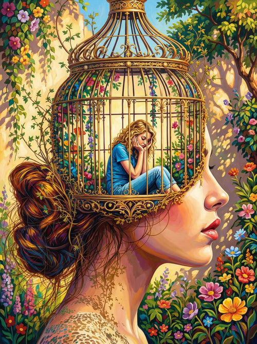 Thoughts In Golden Cage (100 Color Diamond Painting) Diamond Painting kit