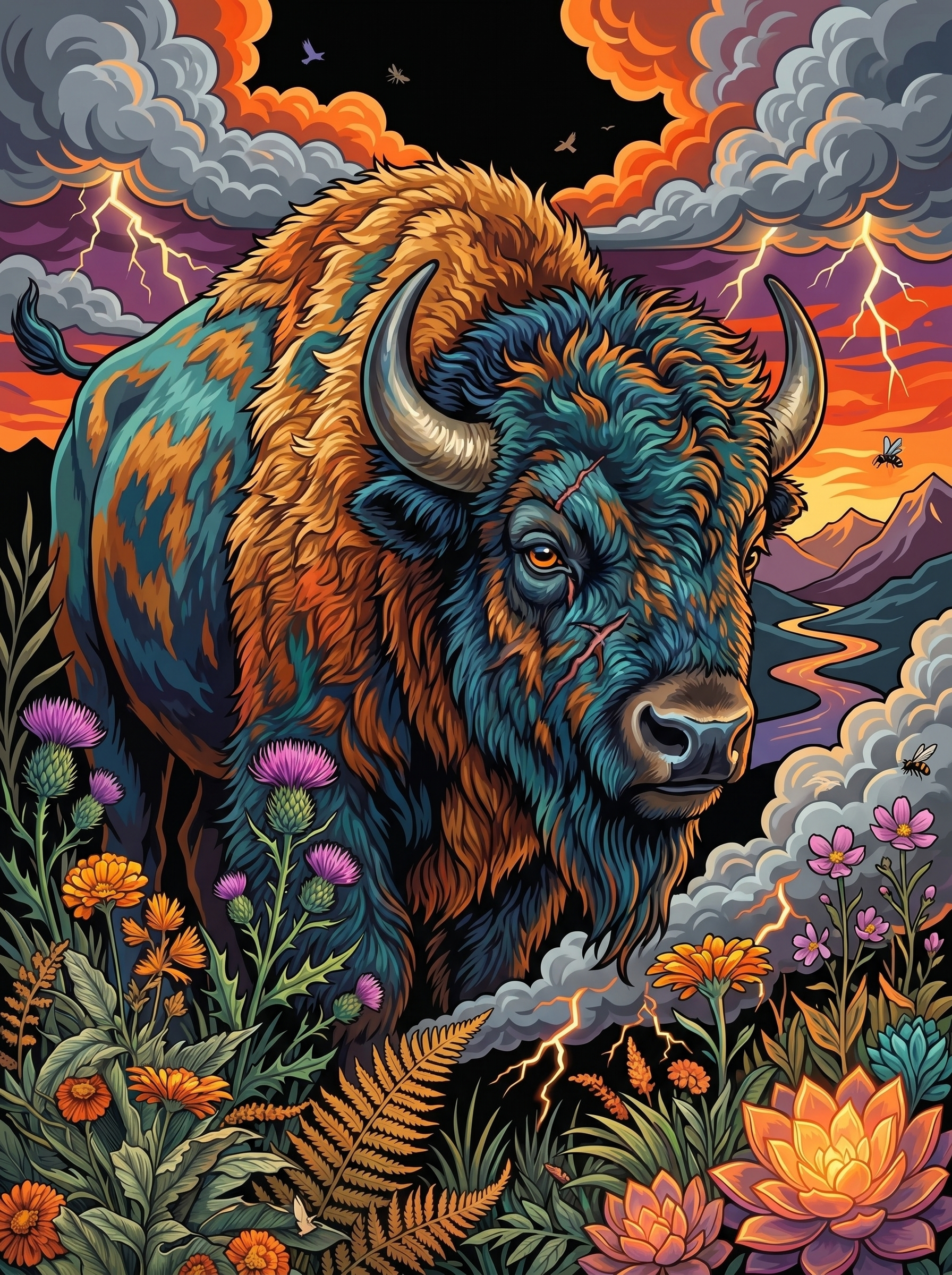 Thunder Storm Buffalo (100 Color Diamond Painting)
