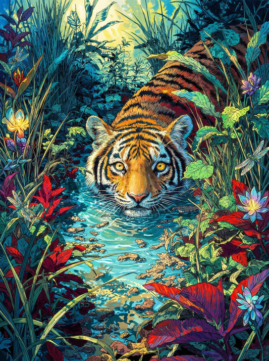 Tiger In Tropical Jungle (100 Color Diamond Painting)