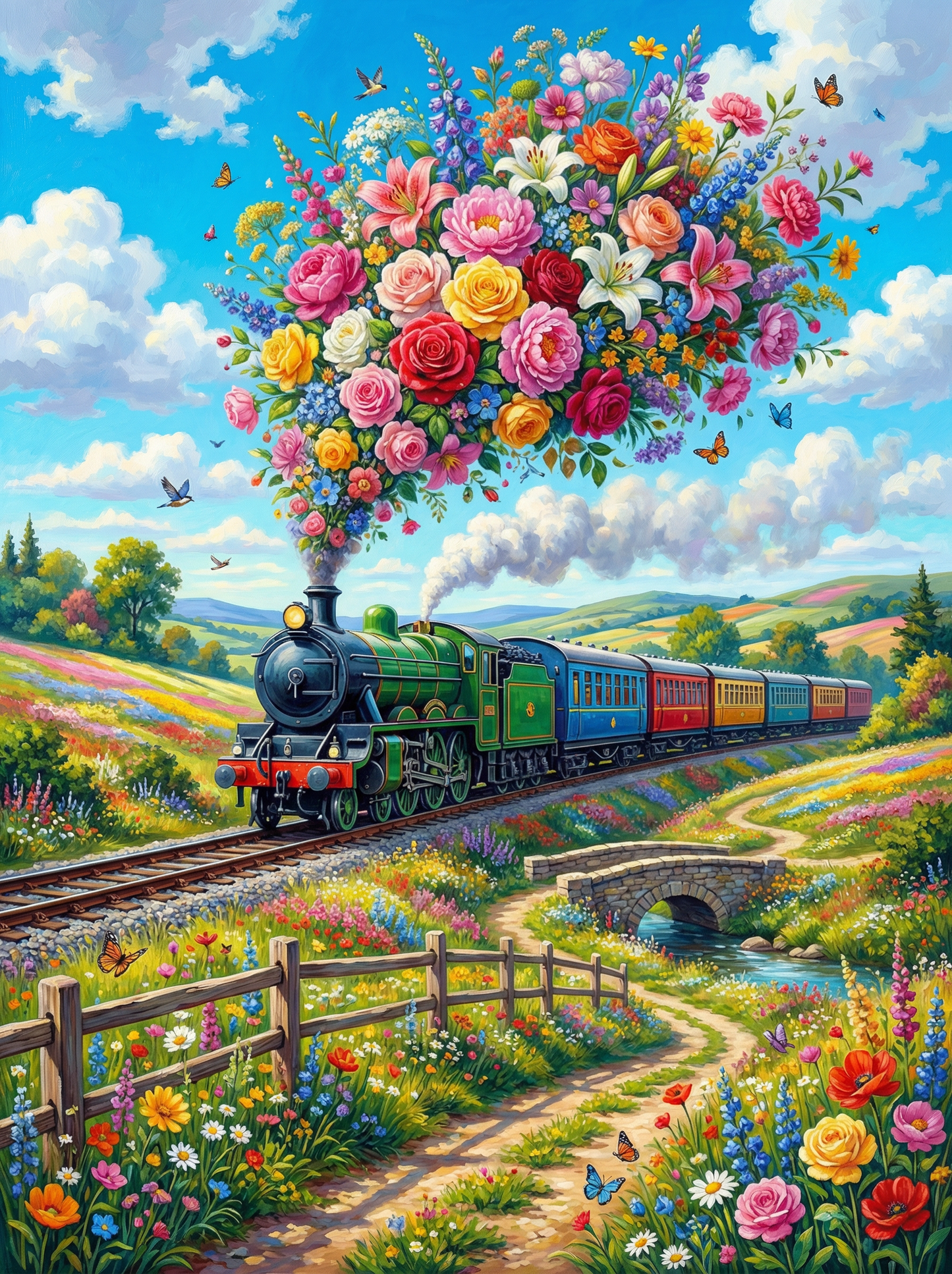 Train Flower Sky Journey (100 Color Diamond Painting)