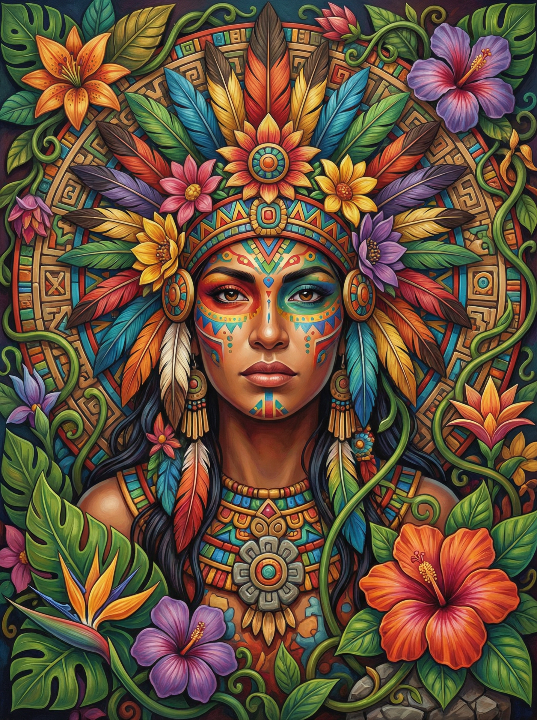 Aztec Woman Feathered Crown (100 Color Diamond Painting)