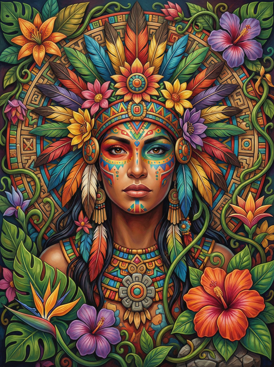 Aztec Woman Feathered Crown (100 Color Diamond Painting)