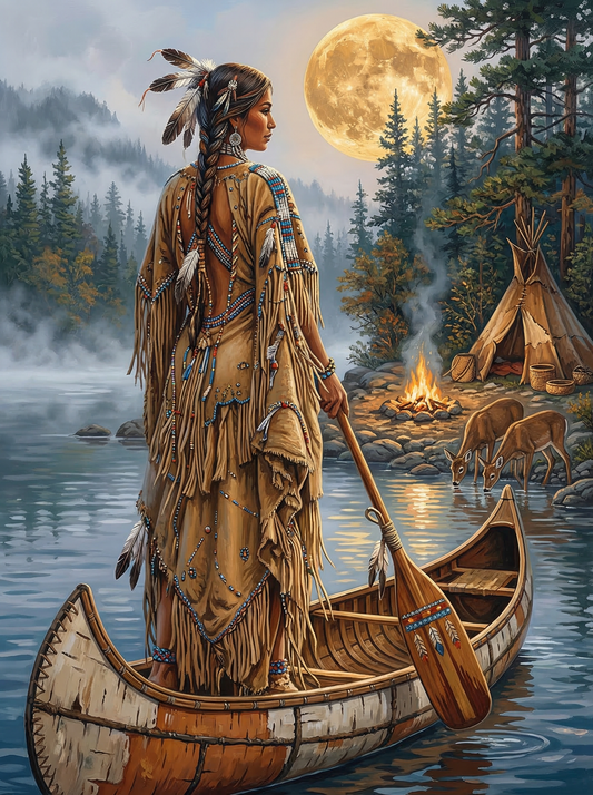 Tribal Woman Moonlight Camp (100 Color Diamond Painting)