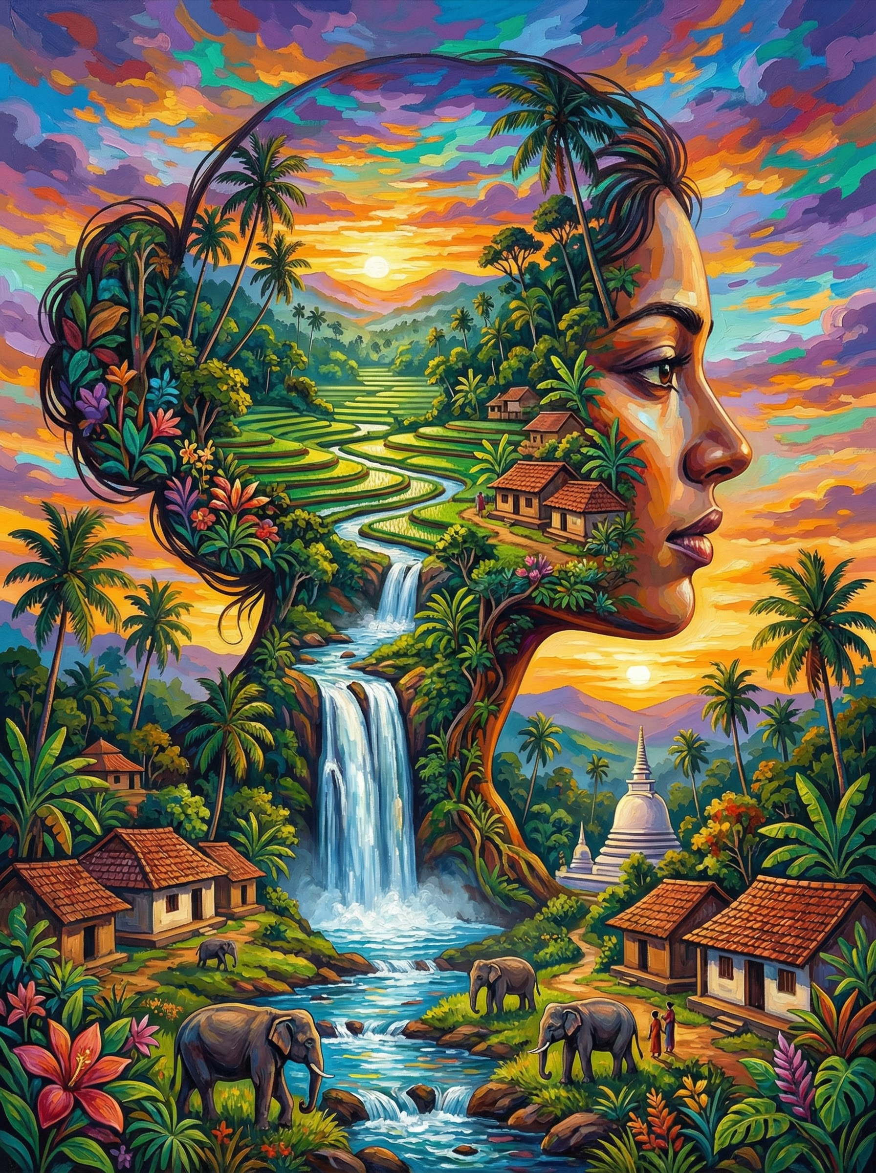 Tropical Village Waterfall Portrait (100 Color Diamond Painting) Diamond Painting kit